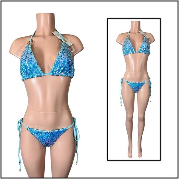 Beach Bunny Blue Icon Triangle Top & Icon Tie Side Skimpy Bottom $250 - Picture 2 of 12